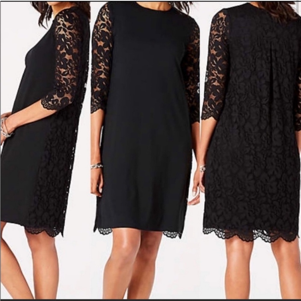 J. JILL Party Wedding Guest Minimalist Black Knit Lace 3/4 SLV & Back Dress XL